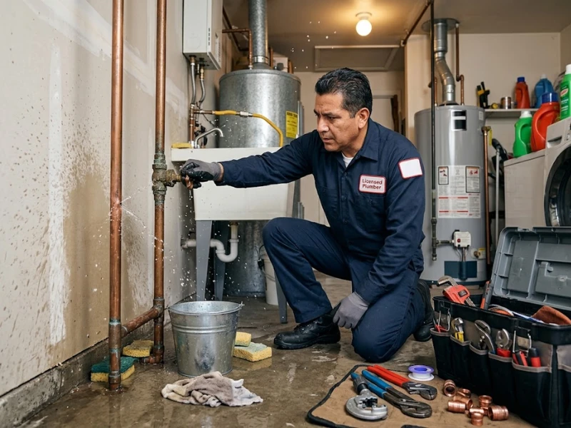 Plumber repairing an emergency pipe leak in a California home