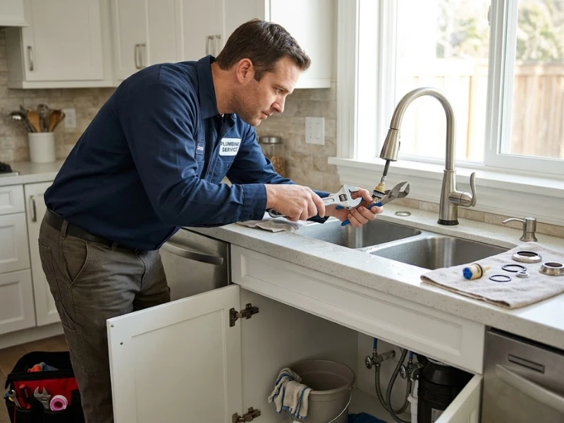Plumber making a careful repair under a sink