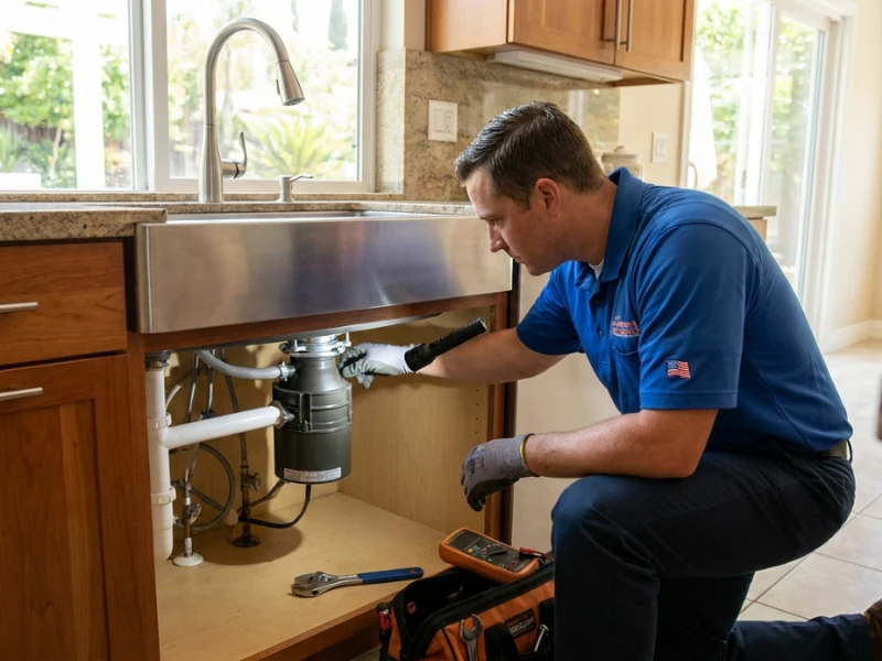 Technician servicing a kitchen garbage disposal