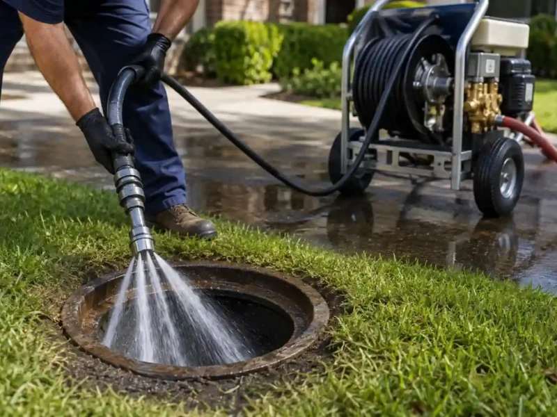 Plumber performing hydro jetting on a drain line