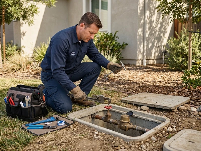 Plumber working on a residential main water line in California