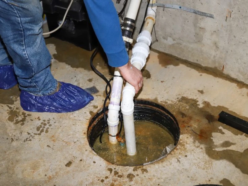 Technician repairing a sump pump system