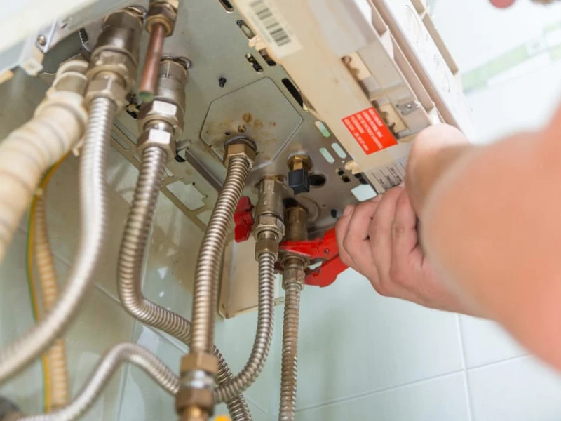 Tankless water heater being serviced and descaled
