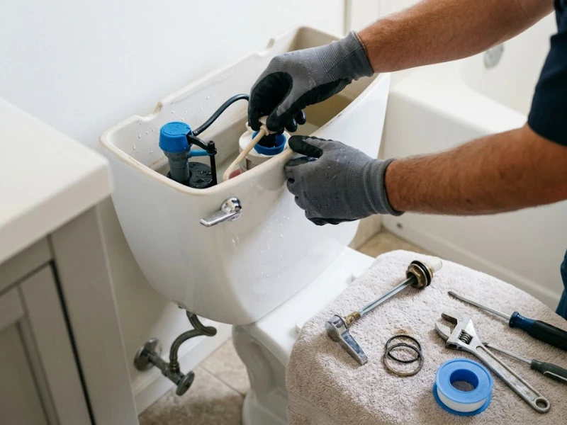 Plumber repairing a toilet in a bathroom