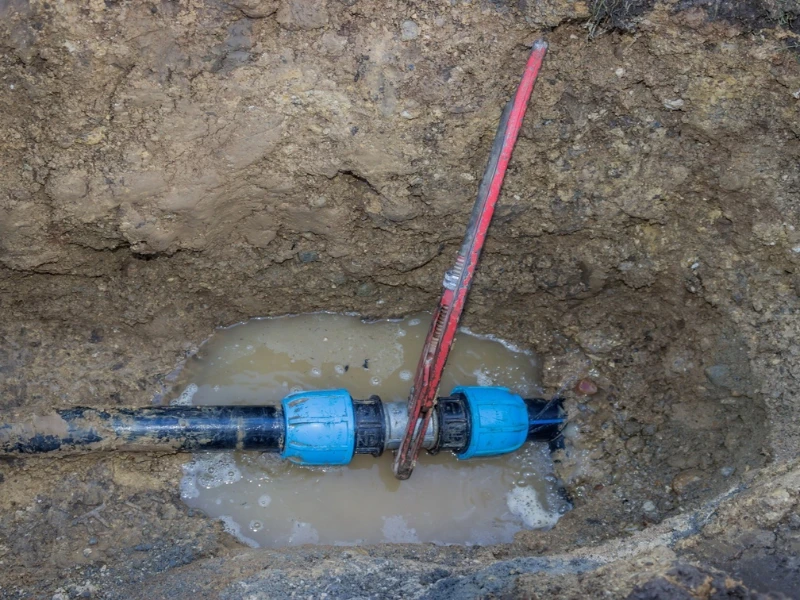 Plumber repairing a water leak under a sink